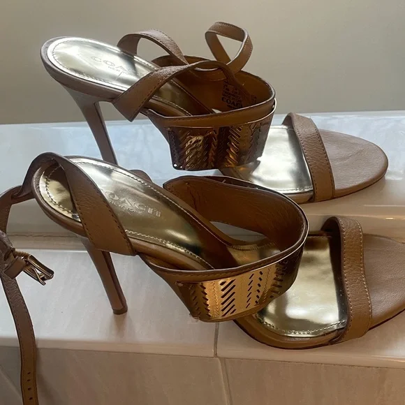 Coach Brown and Gold Strappy Heels - Picture 8 of 9
